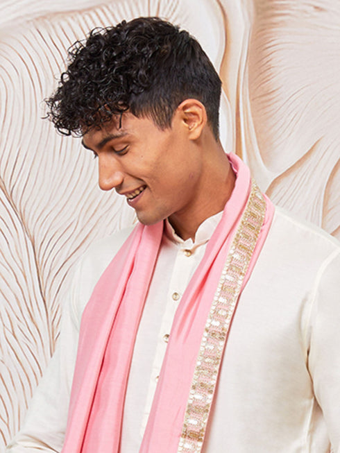 Men's Cream Viscose Kurta,Pant And Dupatta Set